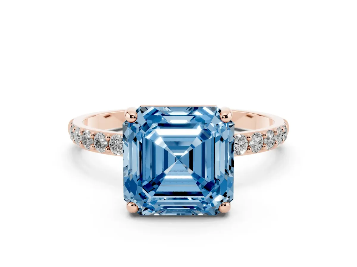 Fancy Blue Asscher Cut Diamond Solitaire Ring with Round Pavé Band and Prong Setting Rose gold
