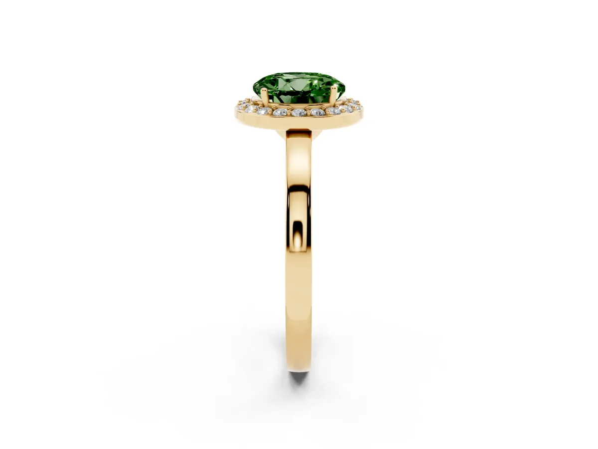 Fancy Green Round Cut Halo Diamond Ring with Solitaire Band and Prong Setting Yellow gold
