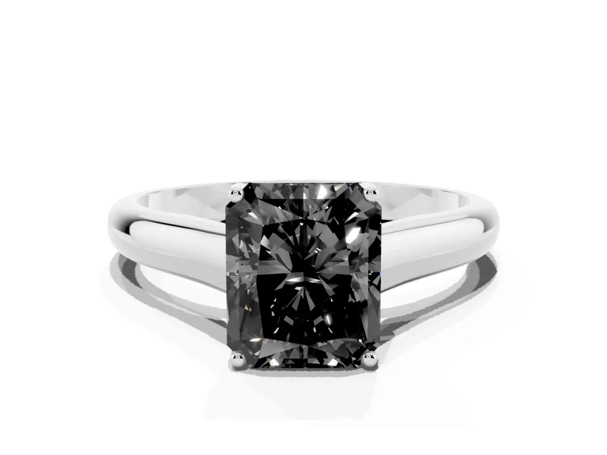 Fancy Black Radiant Cut Solitaire Engagement Ring with Tapered Band and Four-Prong Setting Silver
