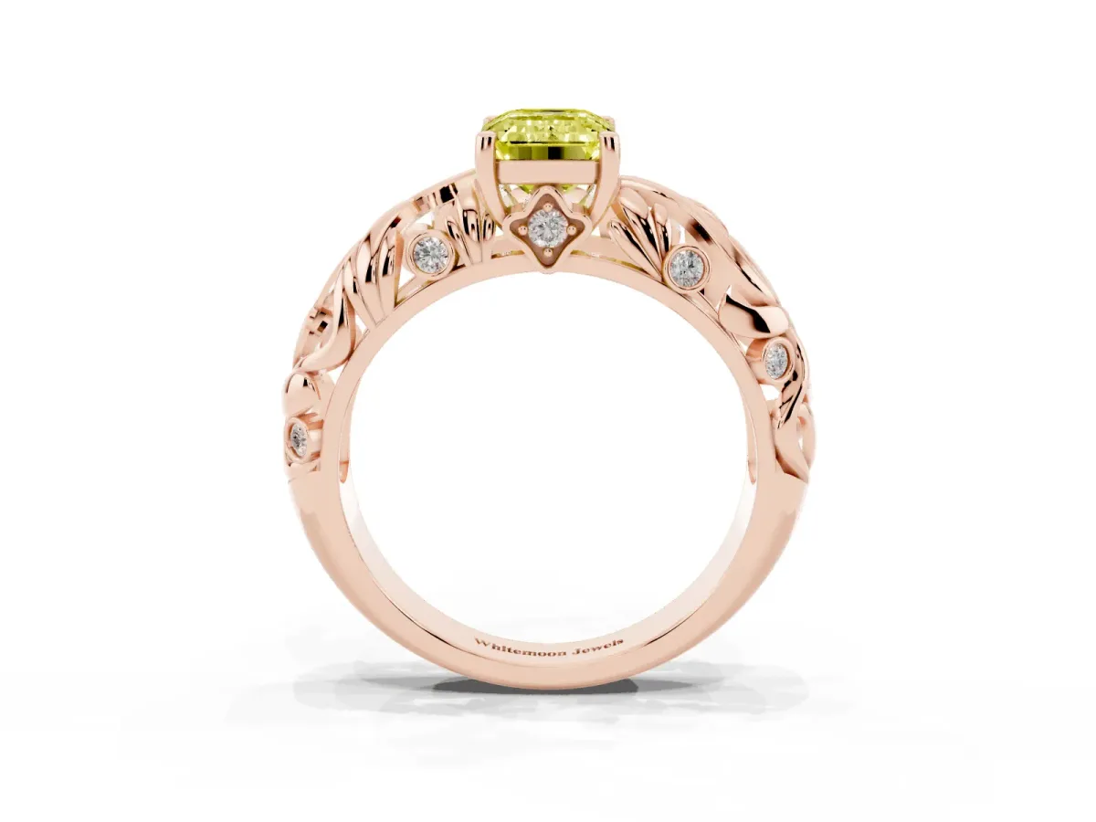 Fancy Yellow Emerald Cut Solitaire Diamond Leaf-Inspired Vine Band Ring with Prong Setting Rose gold