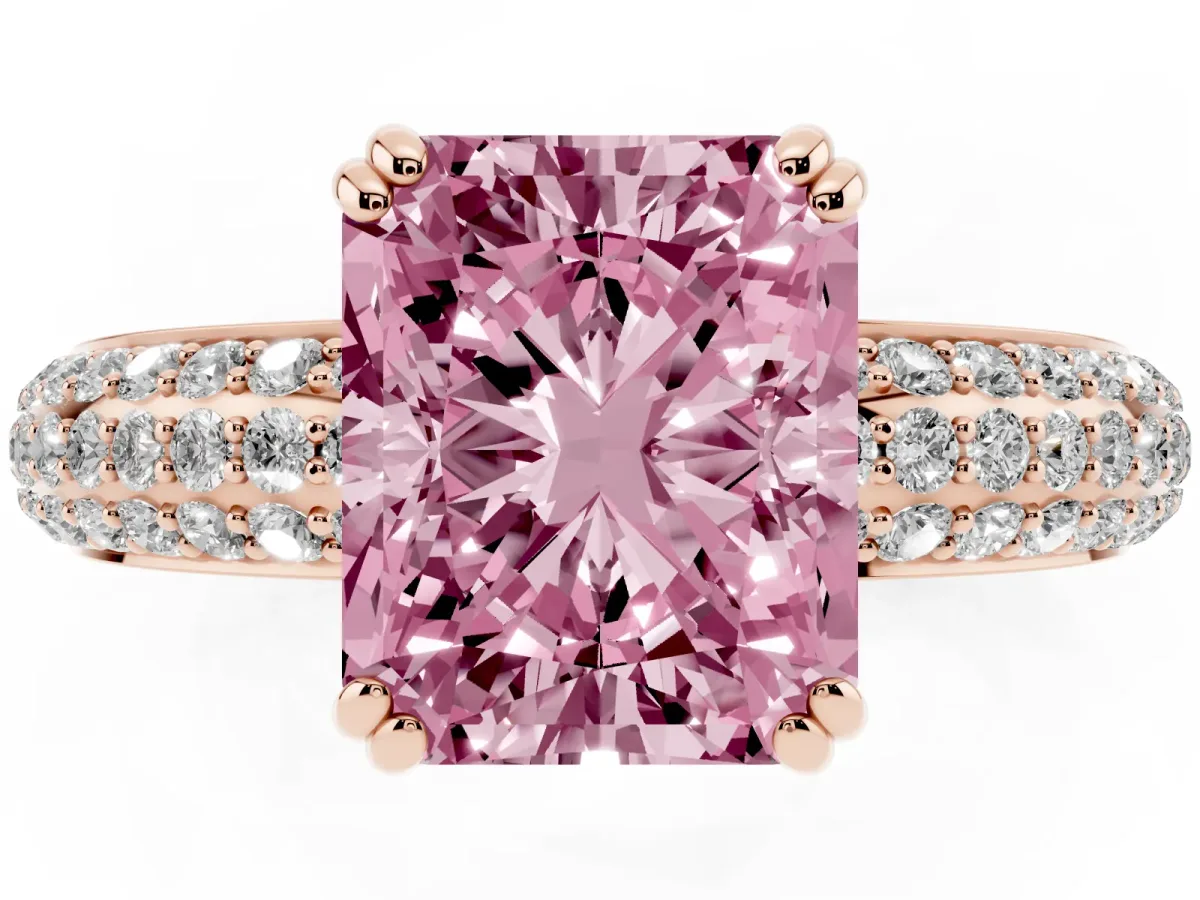 Fancy Pink Radiant Cut Diamond Solitaire Ring with Multi-Row Round Pavé Band and Prong Setting Rose gold