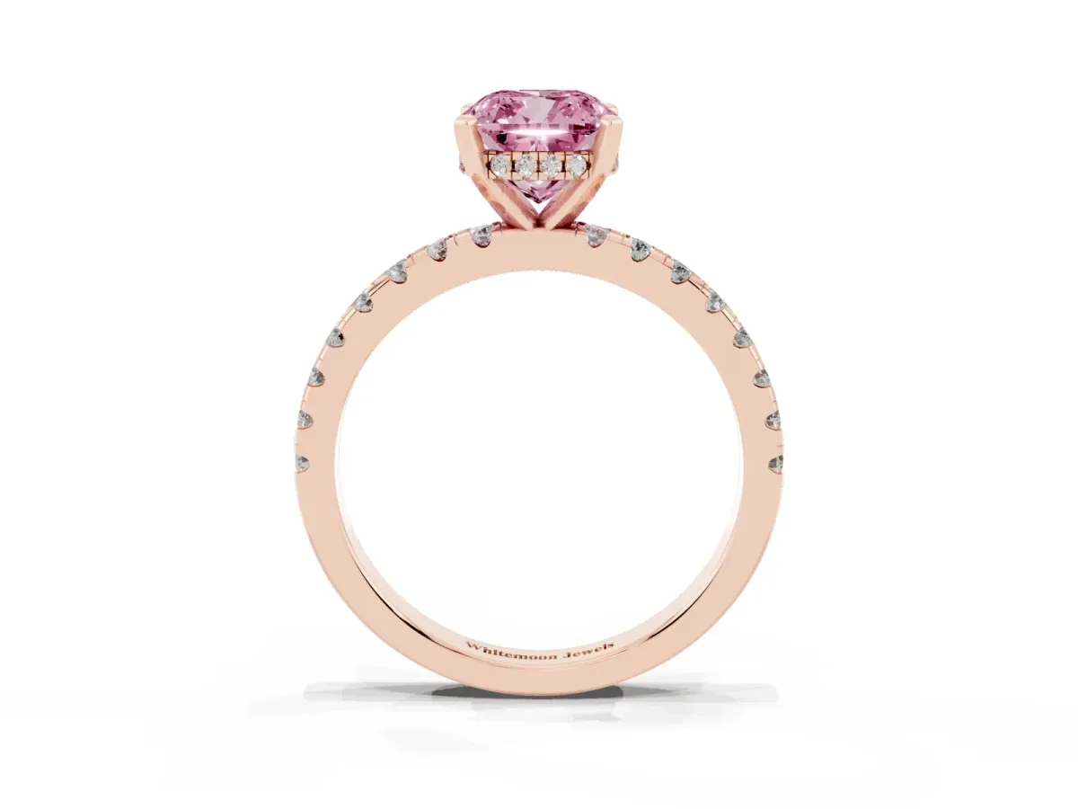 Fancy Pink Cushion Cut Diamond Solitaire Ring with Round Pavé Band and Four-Prong Setting Rose gold