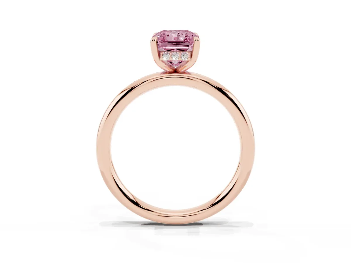 Fancy Pink Radiant Cut Diamond Solitaire Ring with Thin Band and Four-Prong Setting Rose gold