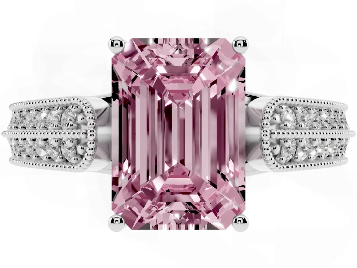 Fancy Pink Emerald Cut Cut Pave Split Shank Engagement Ring with Four-Prong Setting White gold
