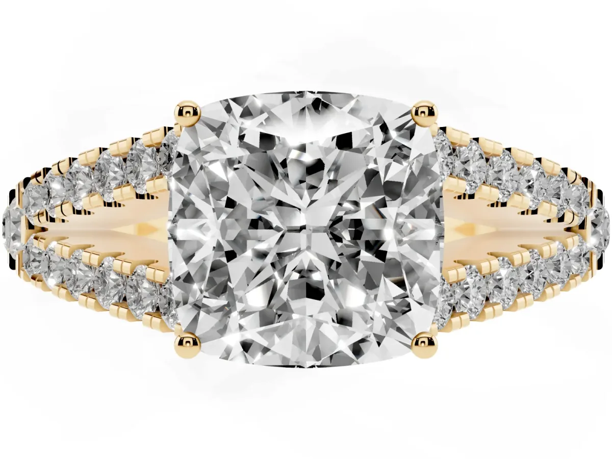 Cushion Cut Diamond Split Shank Engagement Ring with Round Pavé and Prong Setting Yellow gold