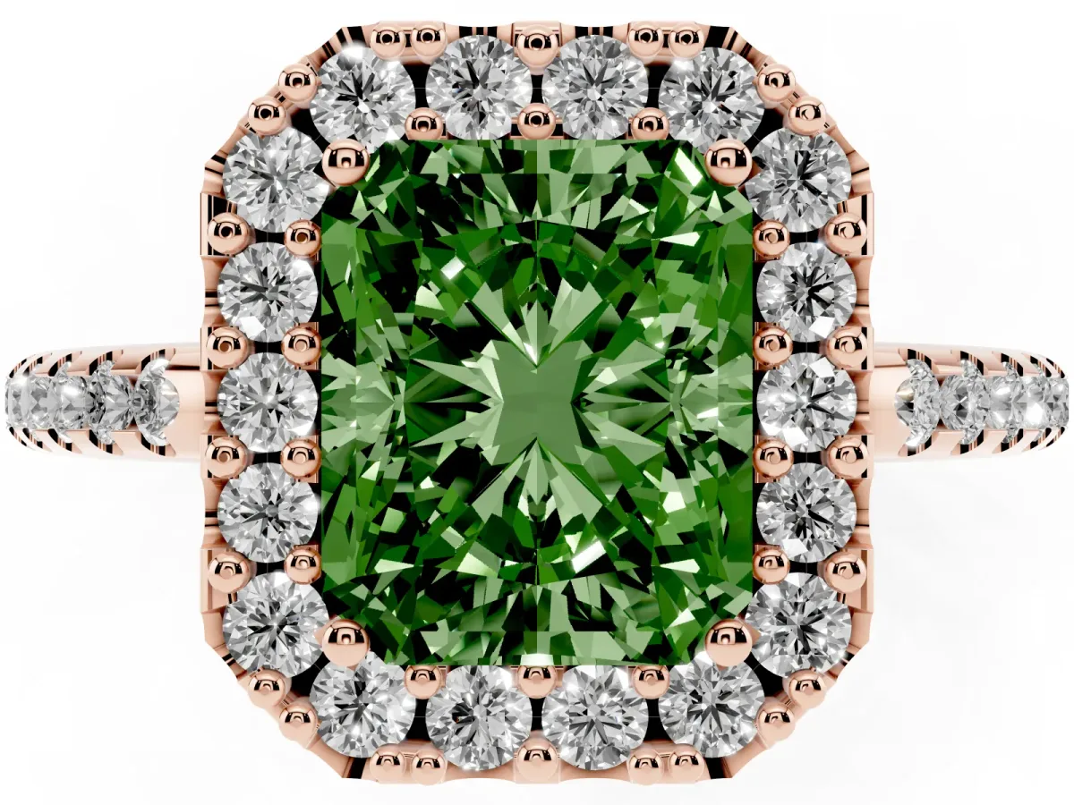 Fancy Green Radiant Cut Diamond Pavé Halo Ring with Four-Prong Setting Rose gold