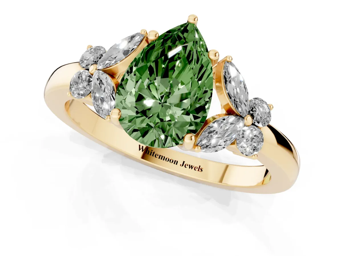 Fancy Green Pear Cut Cut Solitaire Floral Diamond Ring with Four-Prong Setting Yellow gold