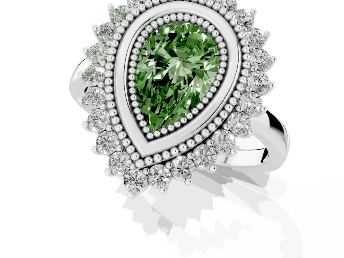 Fancy Green Pear Cut Halo Diamond Ring with Milgrain Edge and Round Prong Setting Silver