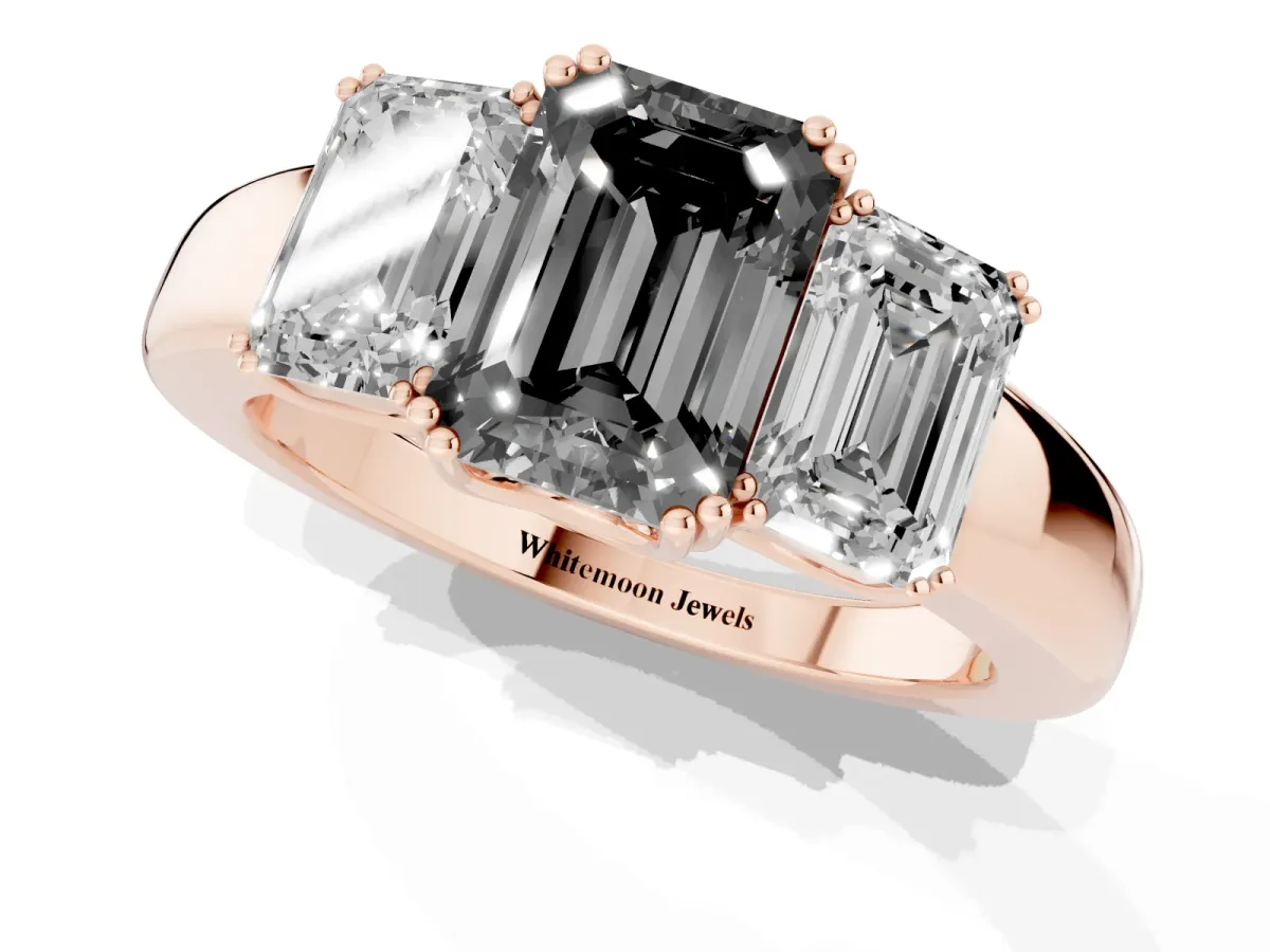 Fancy Black Three-Stone Emerald Cut Cut Diamond Ring with Channel Set Band and Four-Prong Setting Rose gold