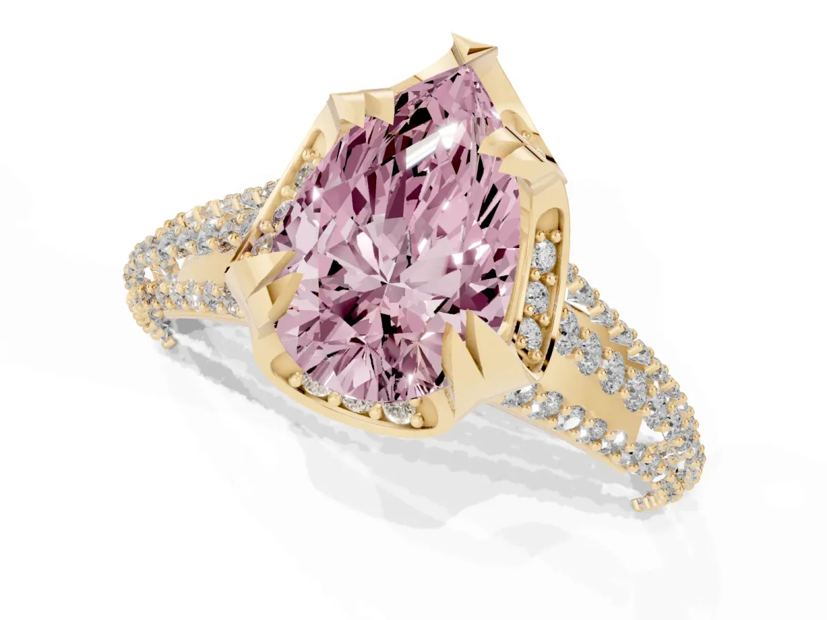 Fancy Pink Pear Cut Solitaire Pave Split Shank Ring with Four-Prong Setting Yellow gold