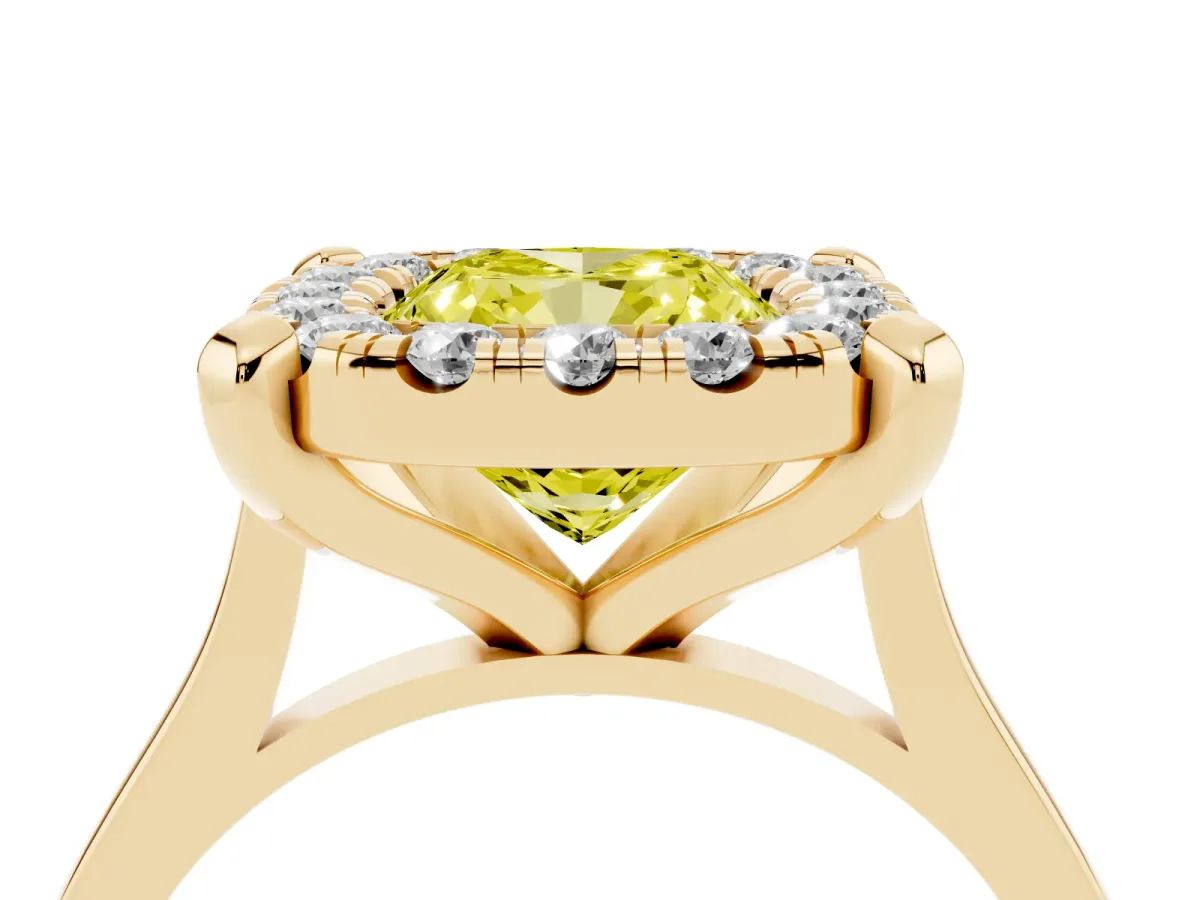 Fancy Yellow Cushion Cut Diamond Cluster Halo Solitaire with Four-Prong Setting Yellow gold