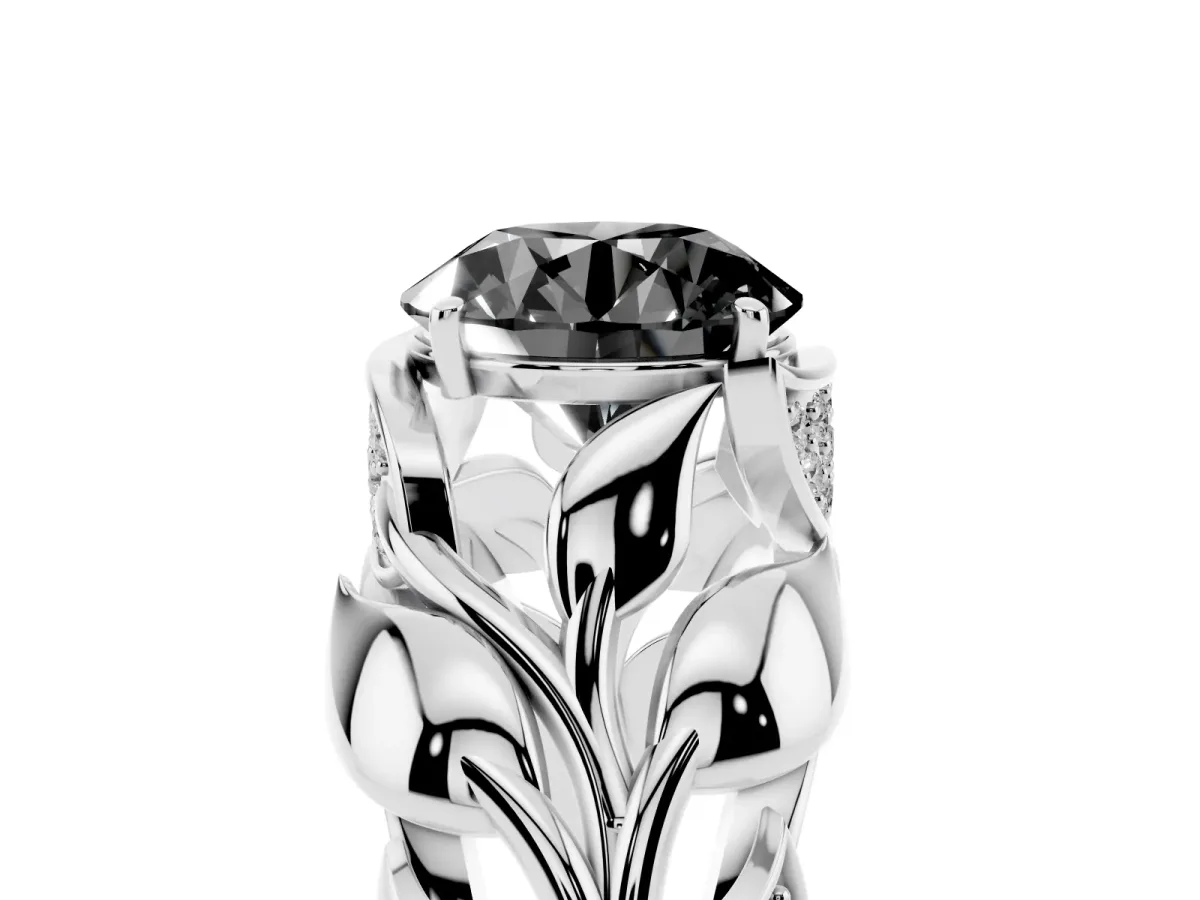 Fancy Black Round Cut Diamond Leaf-Inspired Engagement Ring with Round Accents and Prong Setting Silver