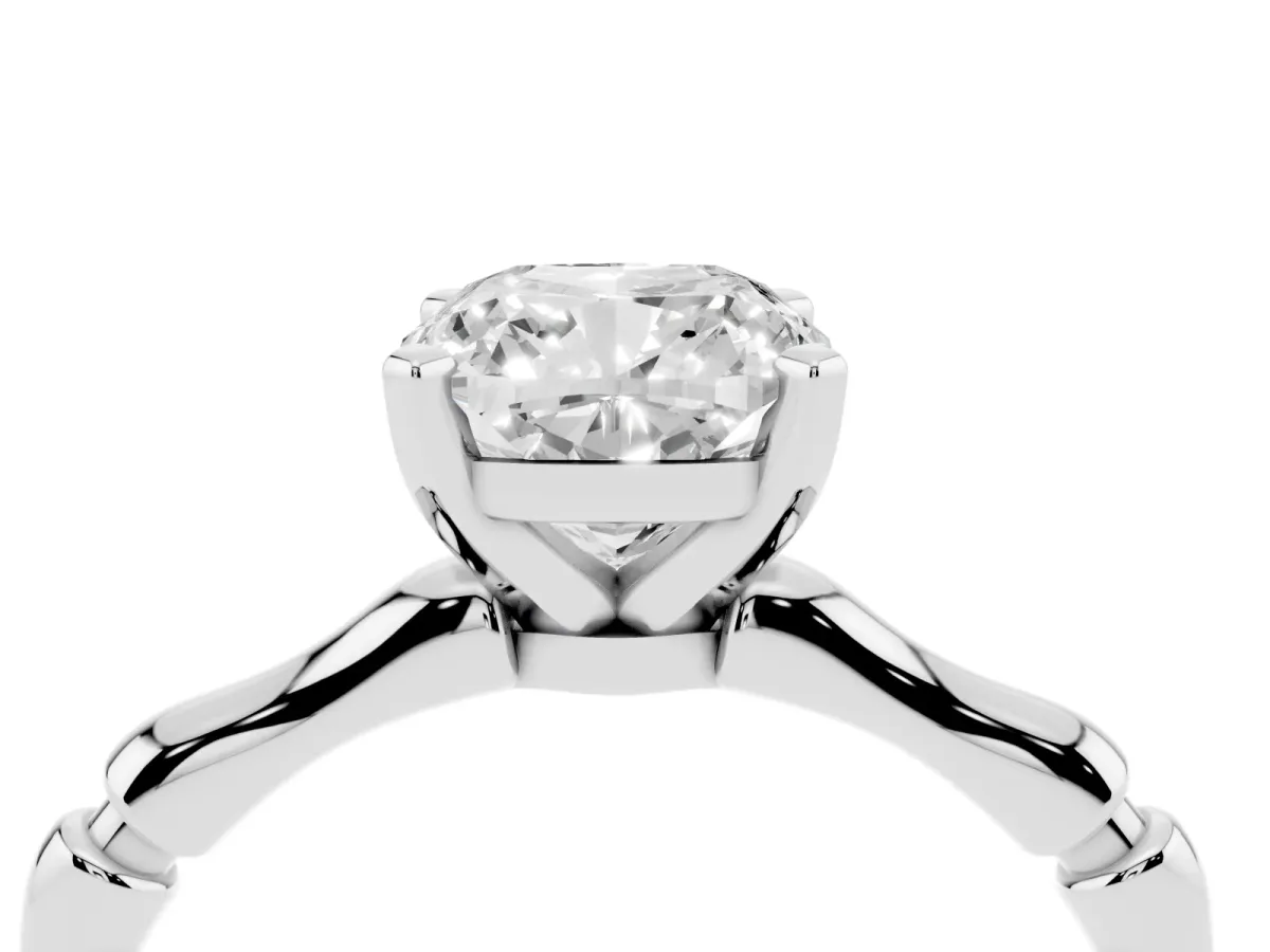 Cushion Cut Solitaire Diamond Ring with Bamboo Band and Four-Prong Setting Silver