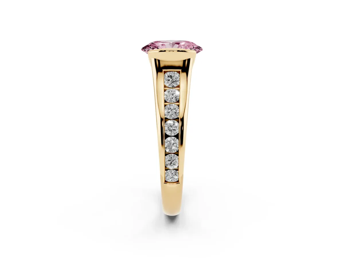 Fancy Pink Oval Cut Solitaire Bezel-Set Diamond Ring with Channel-Set Band Yellow gold