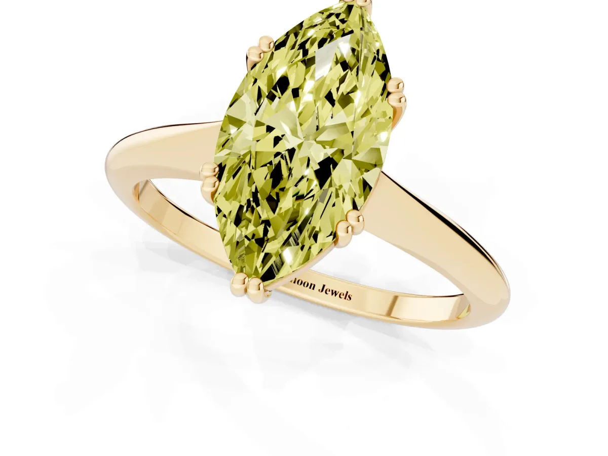Fancy Yellow Marquise Cut Solitaire Diamond Ring with Six-Prong Setting and Classic Band Yellow gold