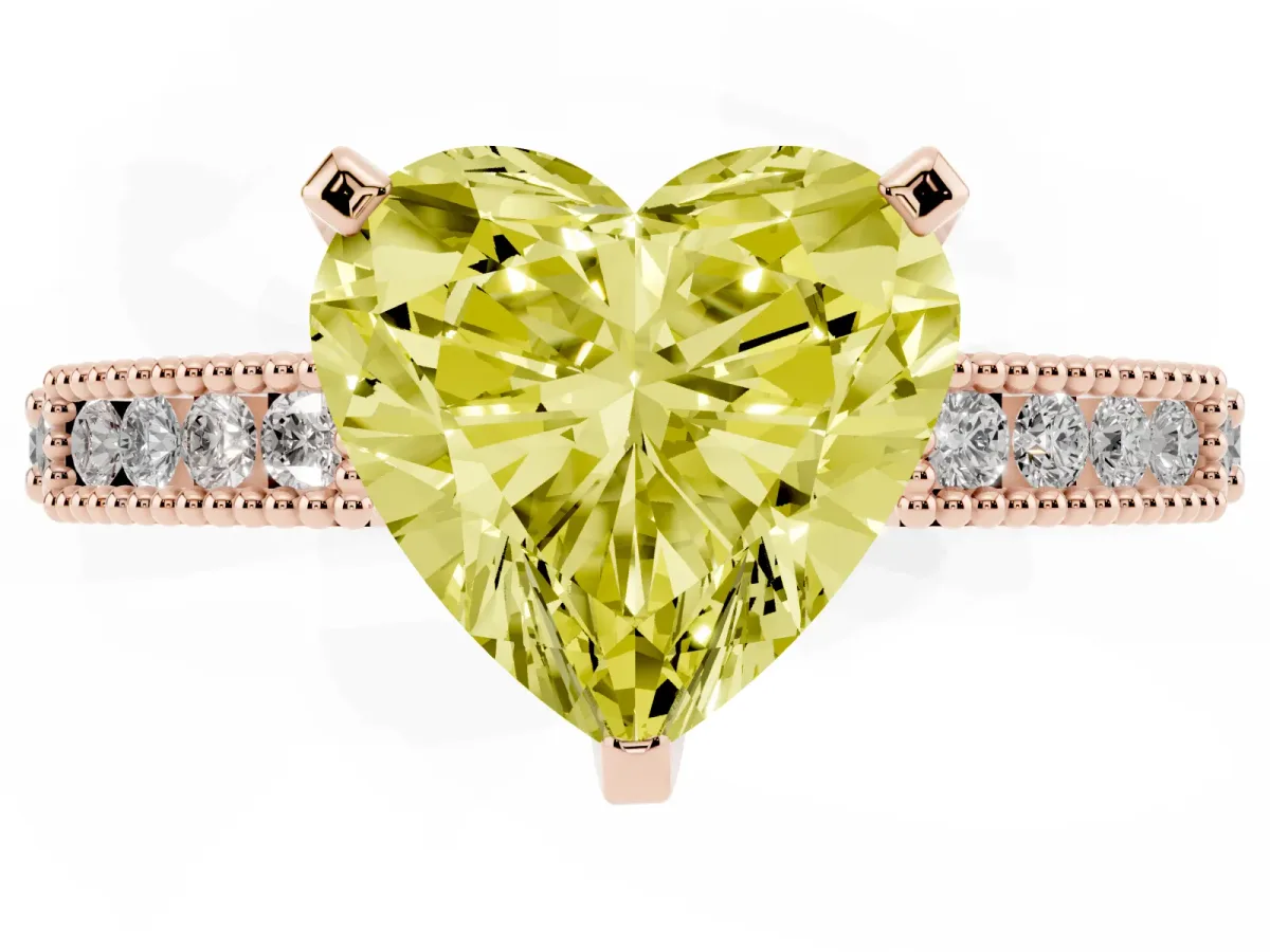 Fancy Yellow Heart Cut Solitaire with Pavé Band and Four-Prong Setting Rose gold