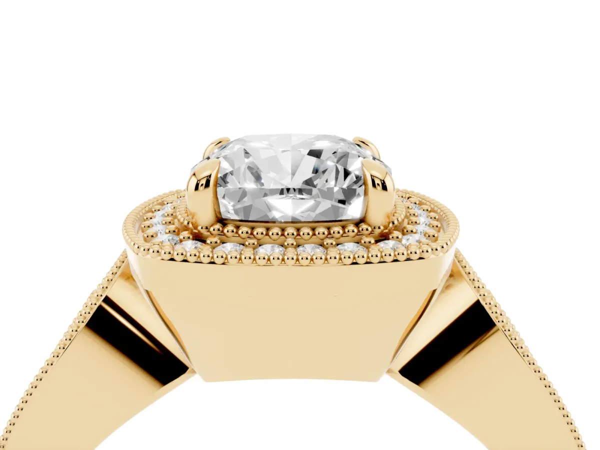 Cushion Cut Halo Split Shank Milgrain Diamond Ring Yellow gold