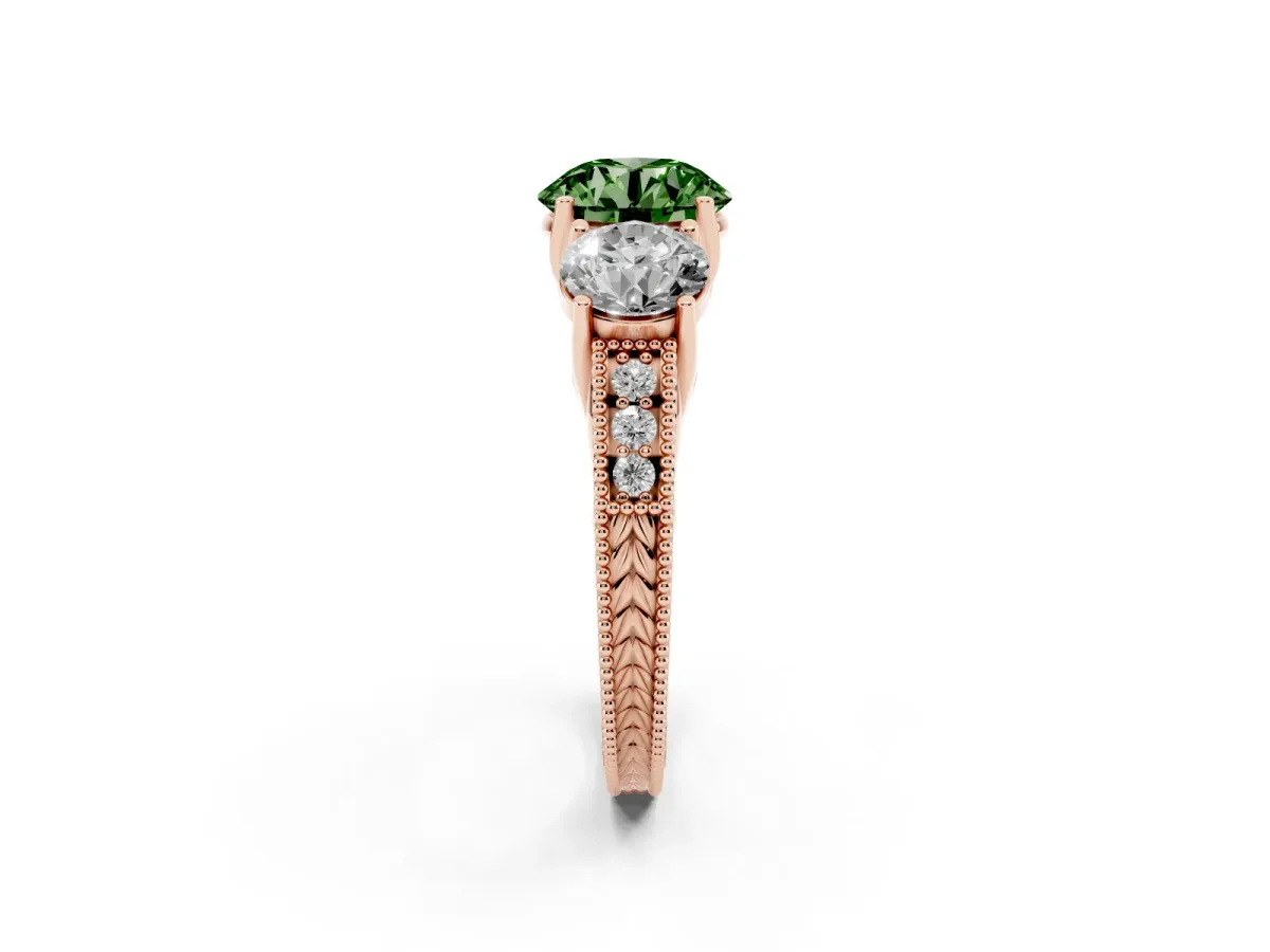 Fancy Green Three-Stone Round Cut Cut Milgrain Pavé Engagement Ring Rose gold
