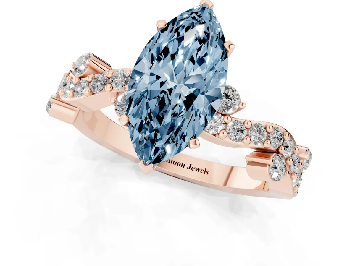 Fancy Blue Marquise Cut Cut Solitaire Diamond Twisted Band with Pave Setting Rose gold