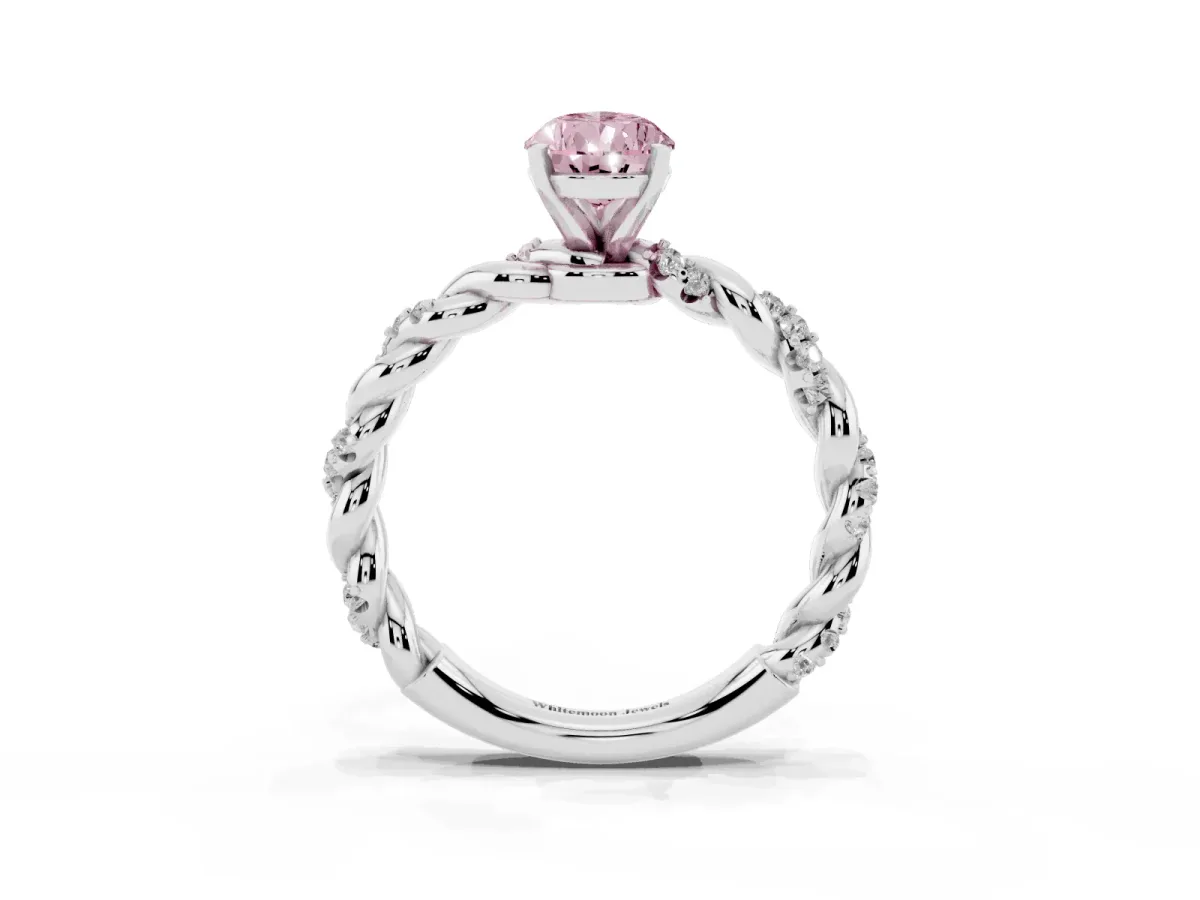 Fancy Pink Pear Cut Diamond Solitaire Ring with Twisted Band and Pavé Accents Platinum