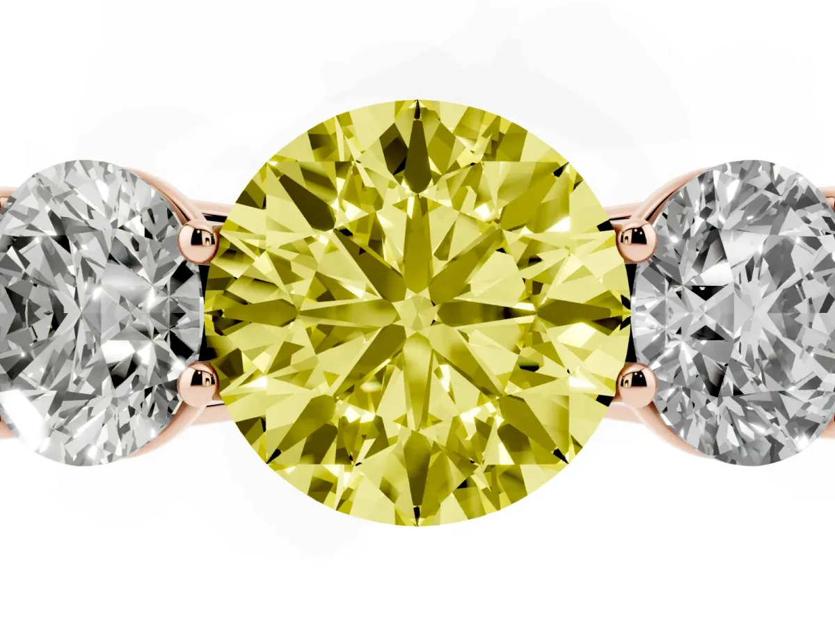 Fancy Yellow Round Cut Three-Stone Diamond Ring with Prong Setting on a Classic Band Rose gold