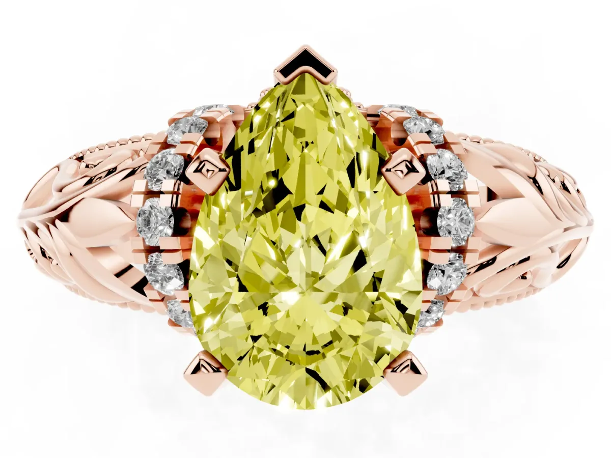 Fancy Yellow Pear Cut Solitaire Filigree Engagement Ring with Halo and Prong Setting Rose gold