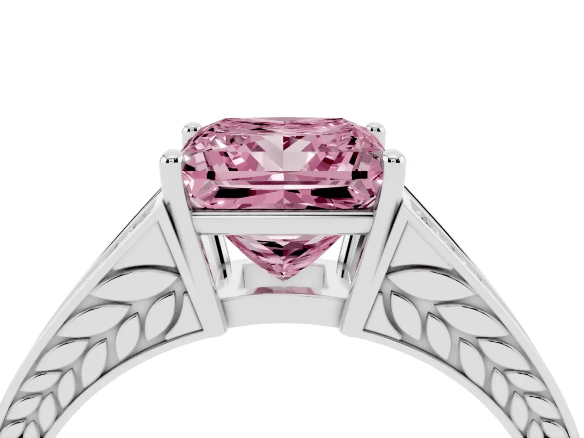 Fancy Pink Princess Cut Diamond Split Shank Ring with Pavé Band and Four-Prong Setting Platinum