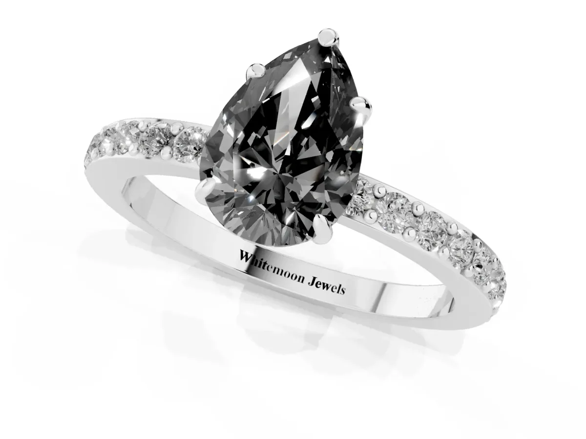 Fancy Black Pear Cut Diamond Pavé Engagement Ring with Round Accents and Prong Setting Silver