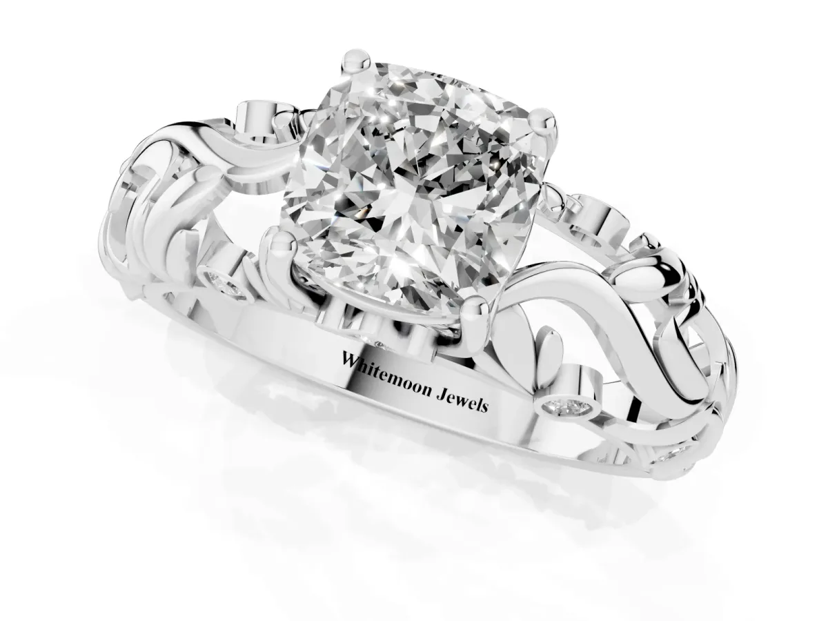 Cushion Cut Solitaire Diamond Leaf-Inspired Vine Band Ring with Prong Setting Platinum