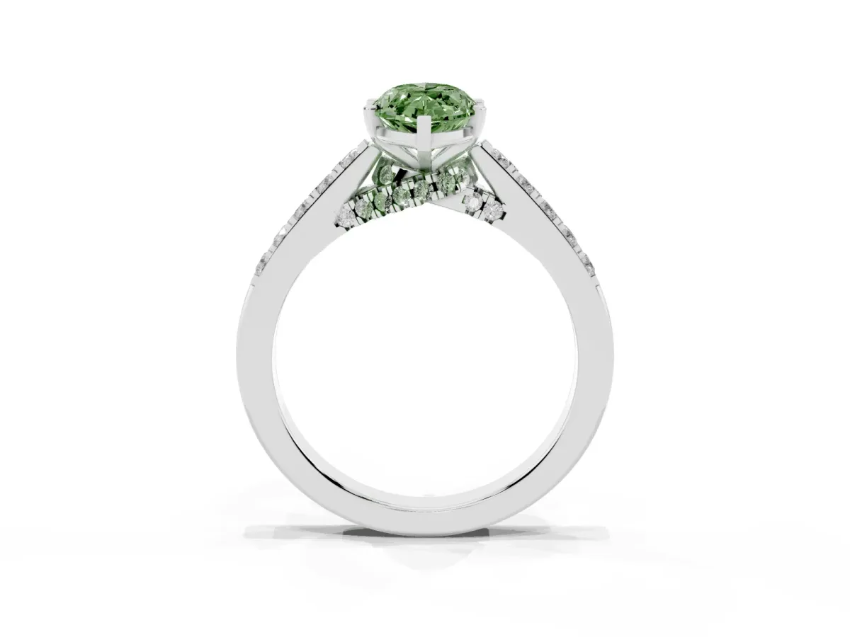 Fancy Green Marquise Cut Diamond Solitaire Ring with Crossover Gallery and Round Pavé Band White gold