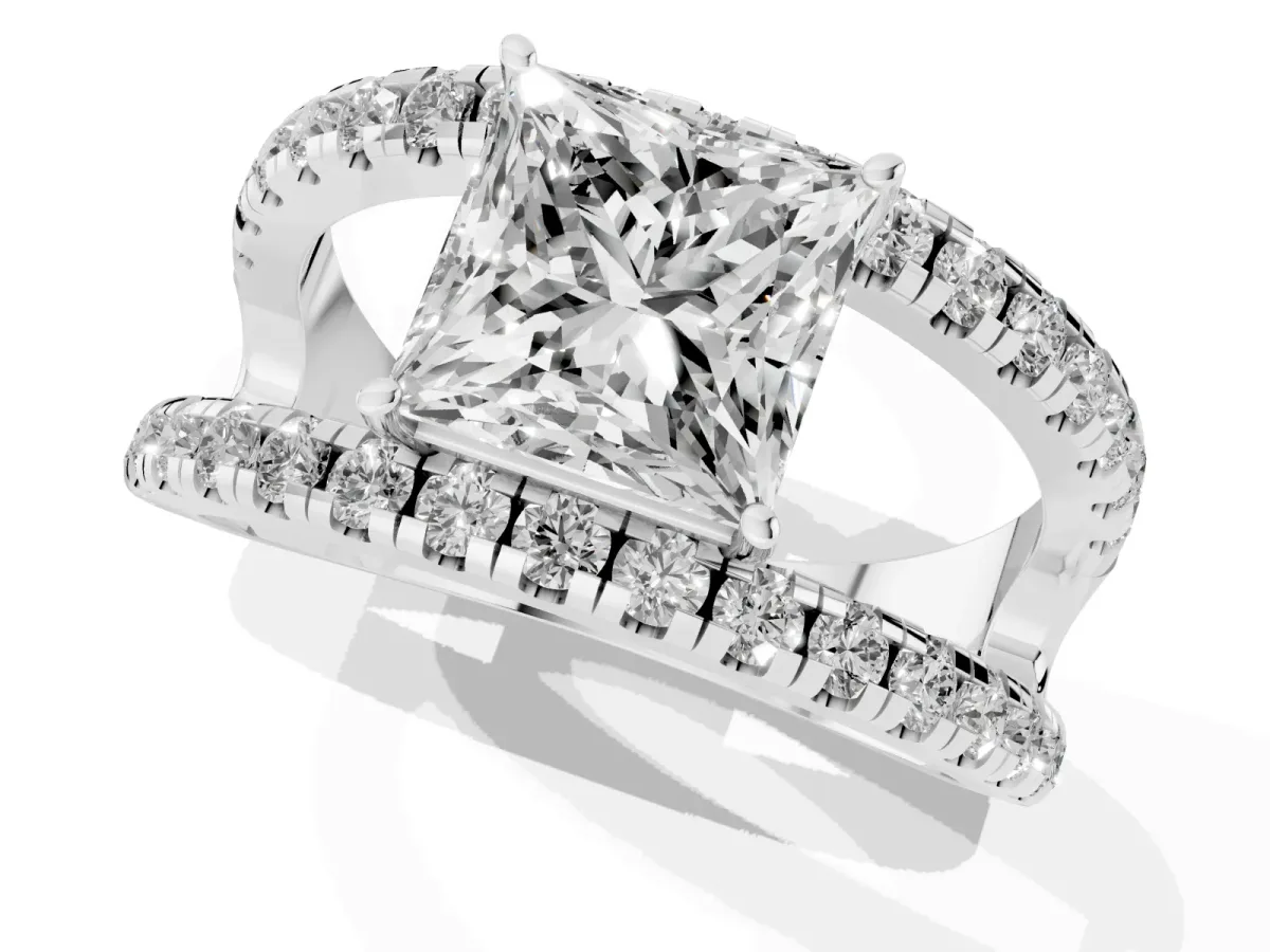 Princess Cut Solitaire Split Shank Pave Diamond Ring Platinum