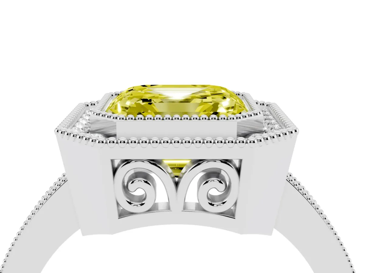 Fancy Yellow Asscher Cut Cut Halo Diamond Ring with Pavé Band and Milgrain Prong Setting Silver