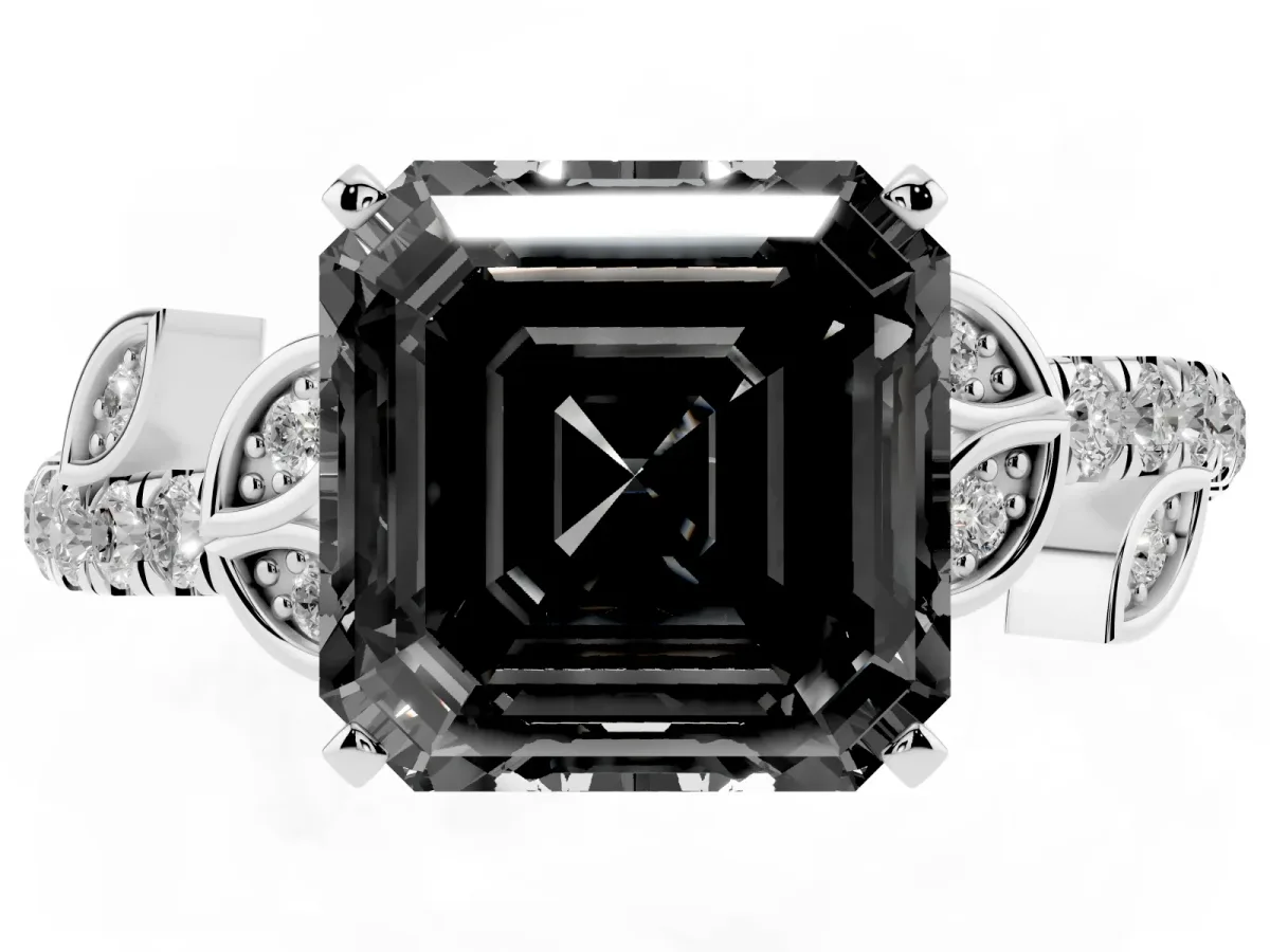 Fancy Black Asscher Cut Solitaire Leaf-Inspired Diamond Ring with Pavé Band and Four-Prong Setting Silver
