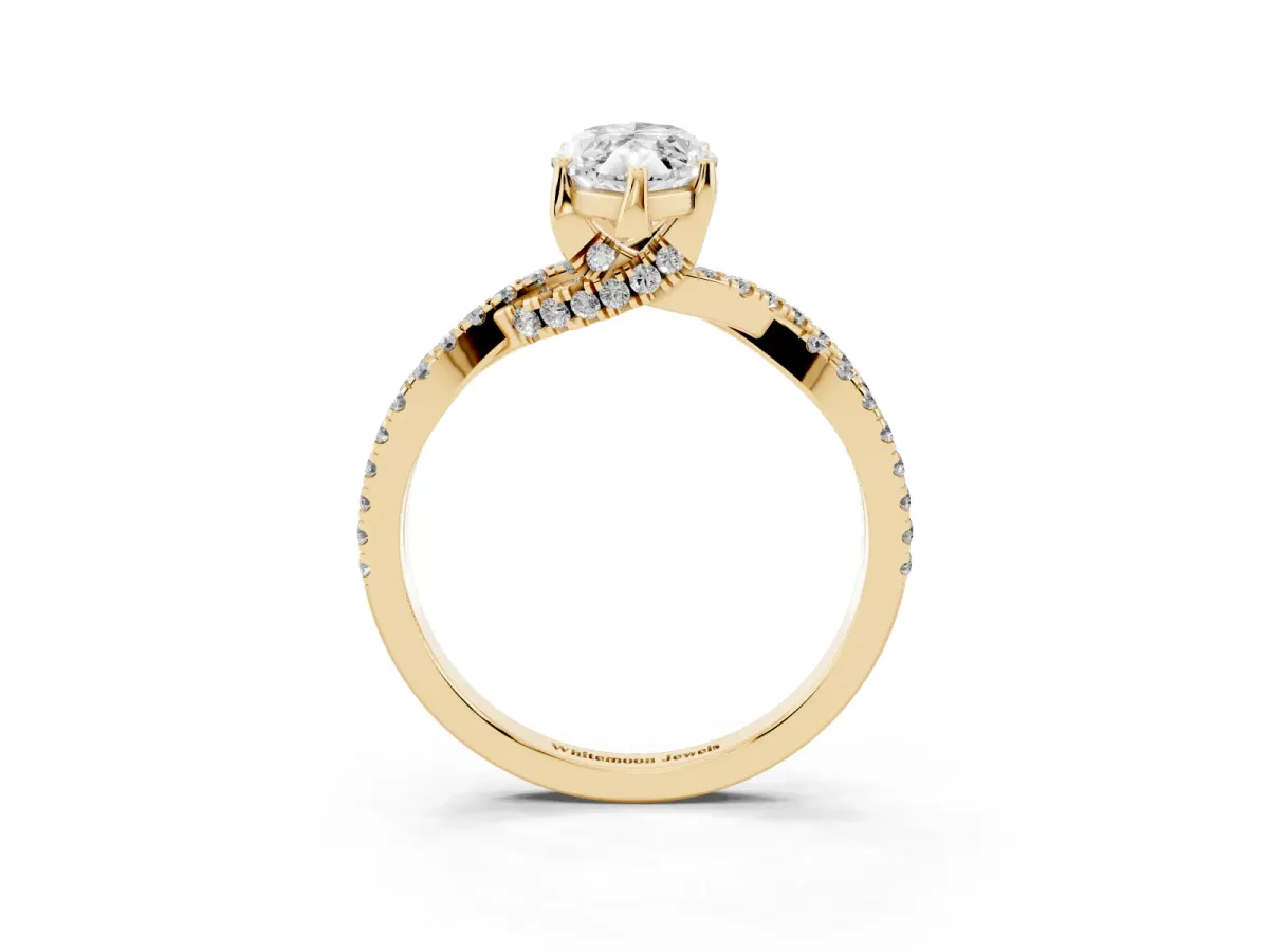 Marquise Cut Solitaire Twist Pave Diamond Engagement Ring with Prong Setting Yellow gold