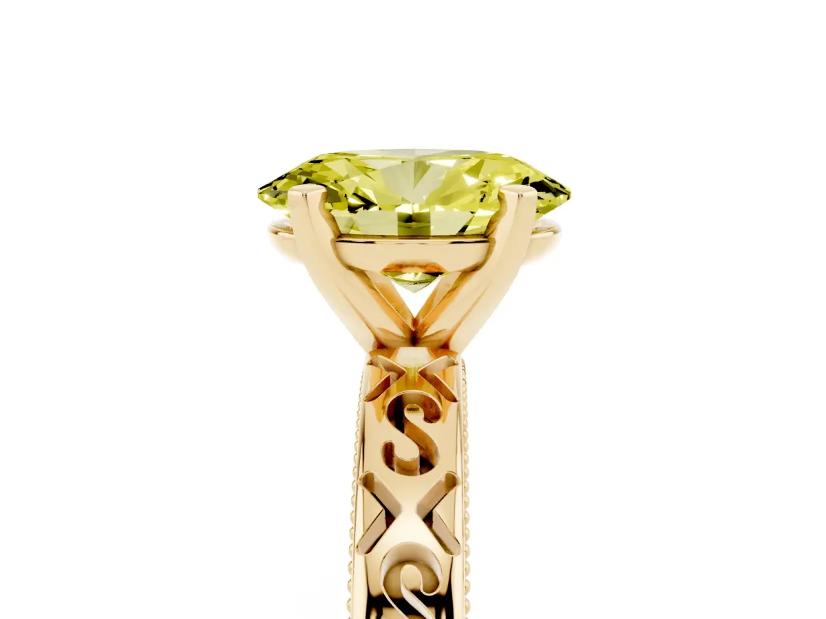 Fancy Yellow Oval Cut Solitaire Engagement Ring with Scrollwork Band and Four-Prong Setting Yellow gold