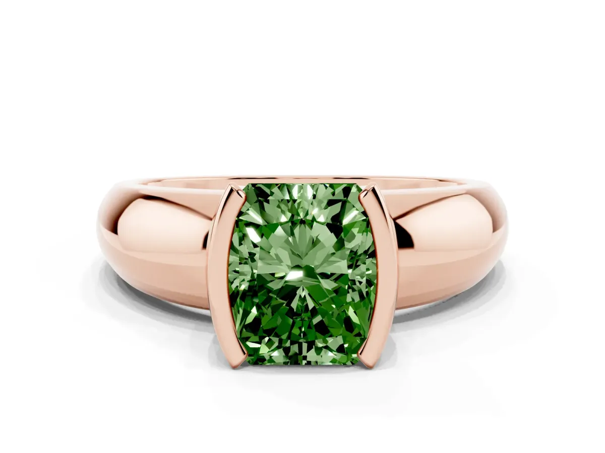 Fancy Green Radiant Cut Solitaire Tension Set Diamond Ring with Wide Band Rose gold
