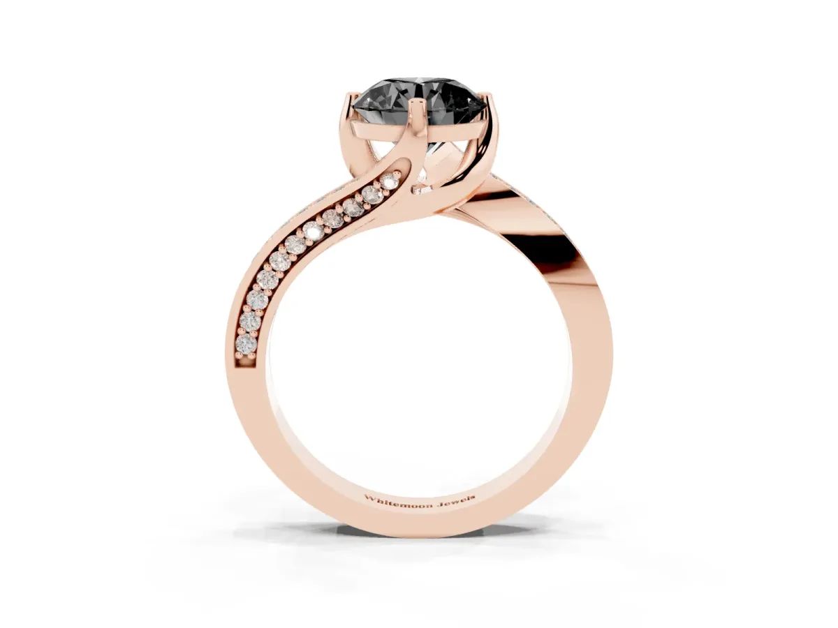Fancy Black Round Cut Solitaire Diamond Twist Band with Pavé Setting and Four-Prong Setting Rose gold