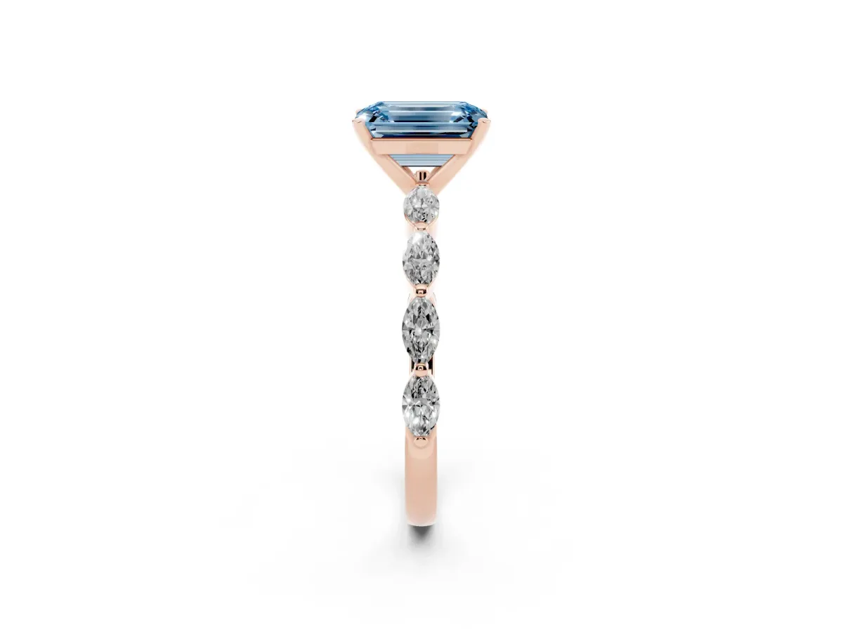 Fancy Blue Emerald Cut Diamond Ring with Marquise Side Stones and Prong Setting Rose gold