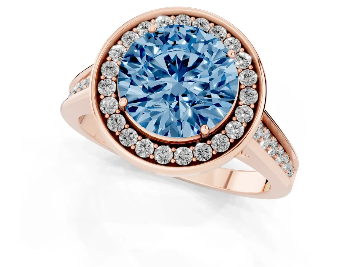Fancy Blue Round Cut Halo Solitaire Diamond Ring with Pave Band and Bezel Setting Rose gold