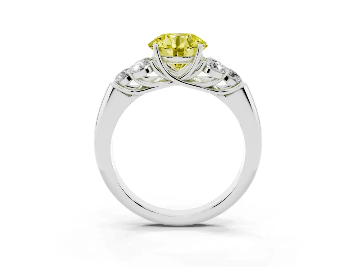 Fancy Yellow Round Cut Cut Diamond Cluster Ring with Round Accent Stones and Prong Setting on a Classic Band Platinum