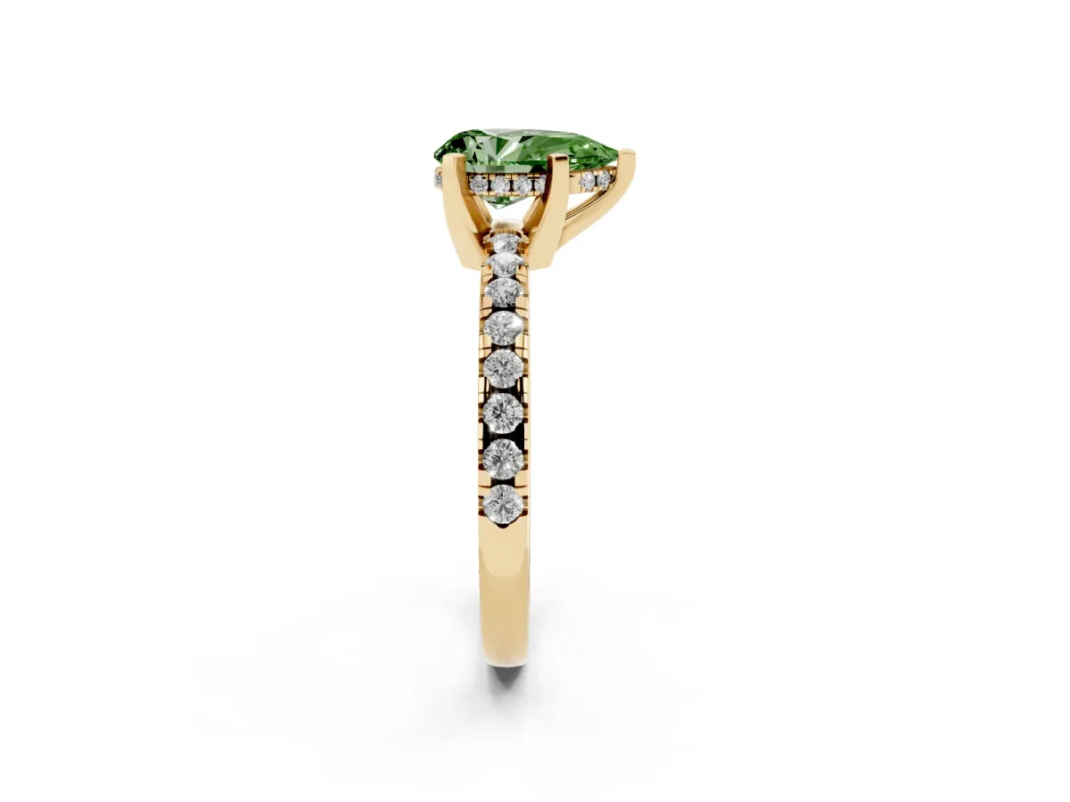 Fancy Green Pear Cut Diamond Solitaire Ring with Round Pavé Band and Four-Prong Setting Yellow gold