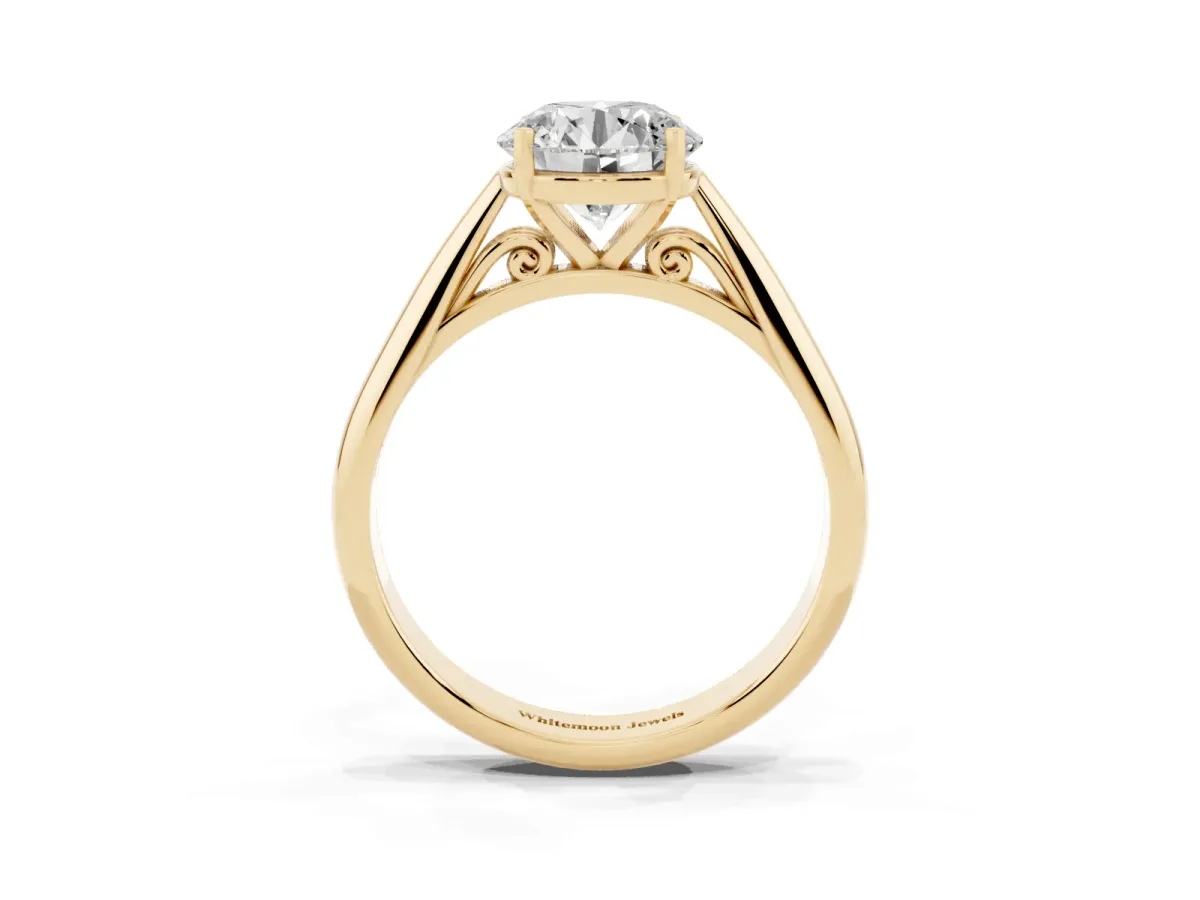 Round Cut Diamond Solitaire Engagement Ring with Cathedral Setting and Four-Prong Mount Yellow gold