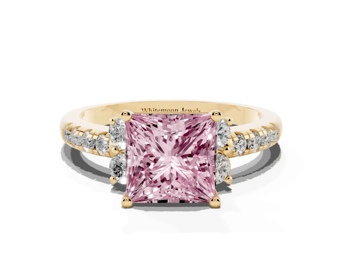 Fancy Pink Princess Cut Diamond Three-Stone Pave Band with Four-Prong Setting Yellow gold