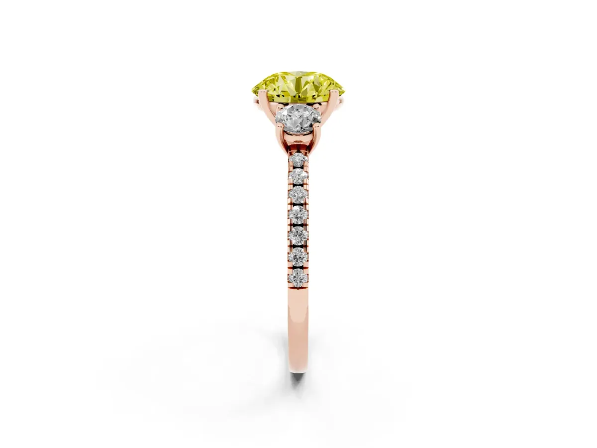 Fancy Yellow Three-Stone Round Cut Cut Diamond Pavé Band with Prong Setting Rose gold
