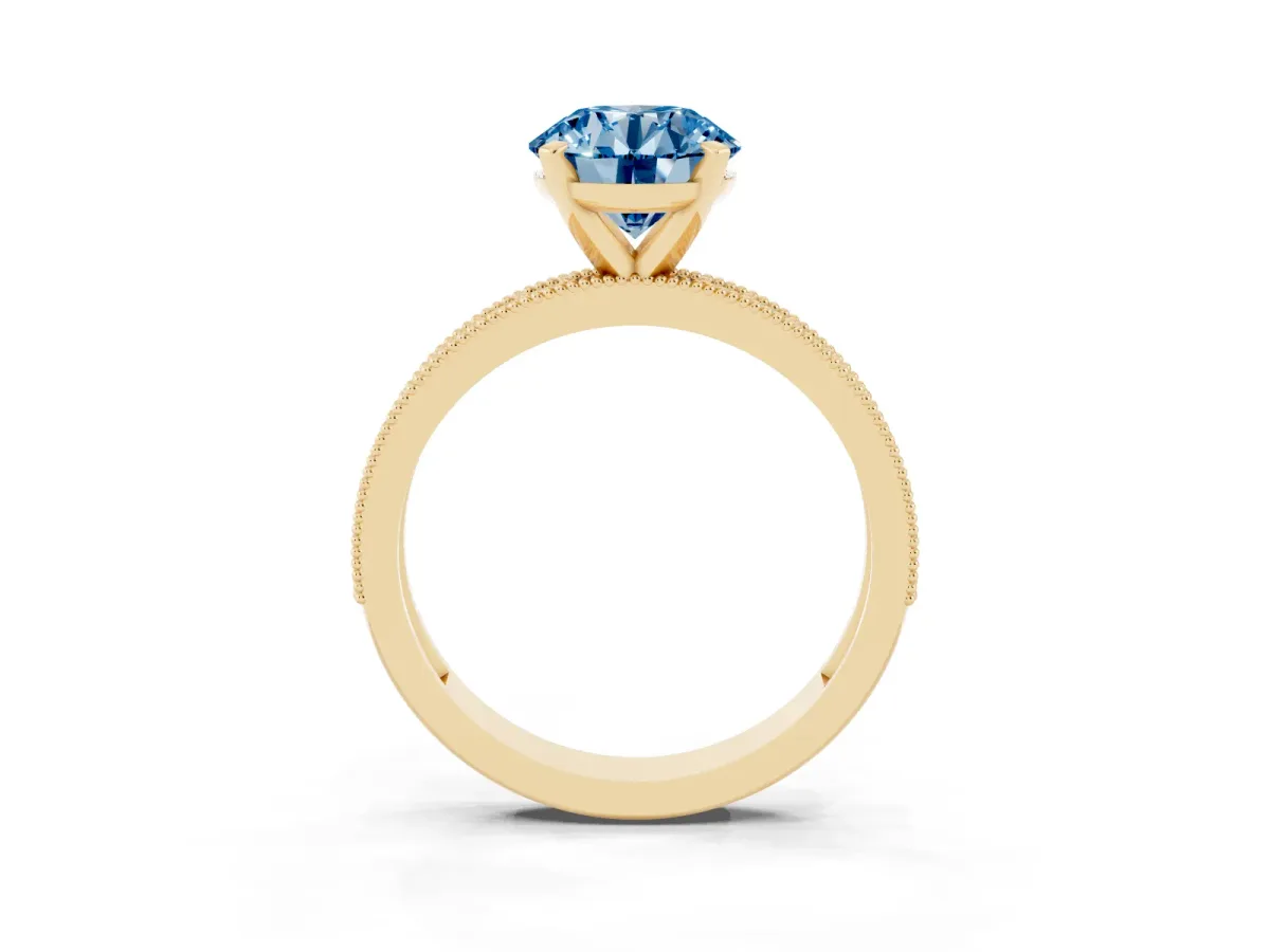 Fancy Blue Round Cut Diamond Milgrain Pavé Engagement Ring with Four-Prong Setting Yellow gold