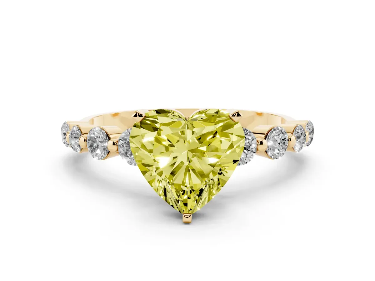 Fancy Yellow Heart Cut Solitaire Diamond Ring with Pave Band and Four-Prong Setting Yellow gold