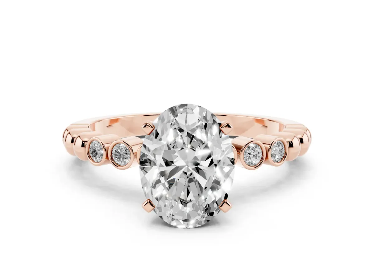 Oval Cut Solitaire Bezel Accent Diamond Engagement Ring with Beaded Band and Four-Prong Setting Rose gold
