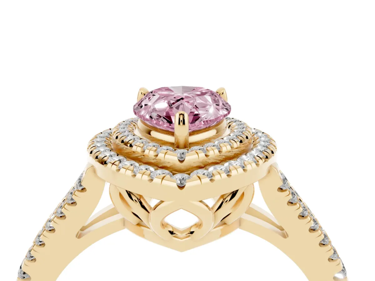 Fancy Pink Pear Cut Diamond Double Halo Ring with Pavé Band and Prong Setting Yellow gold