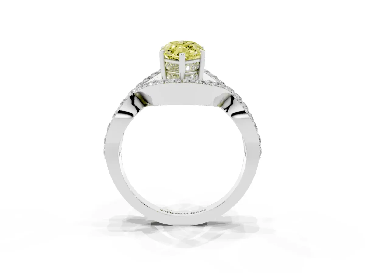 Fancy Yellow Marquise Cut Solitaire Twist Band Pavé Diamond Engagement Ring Silver
