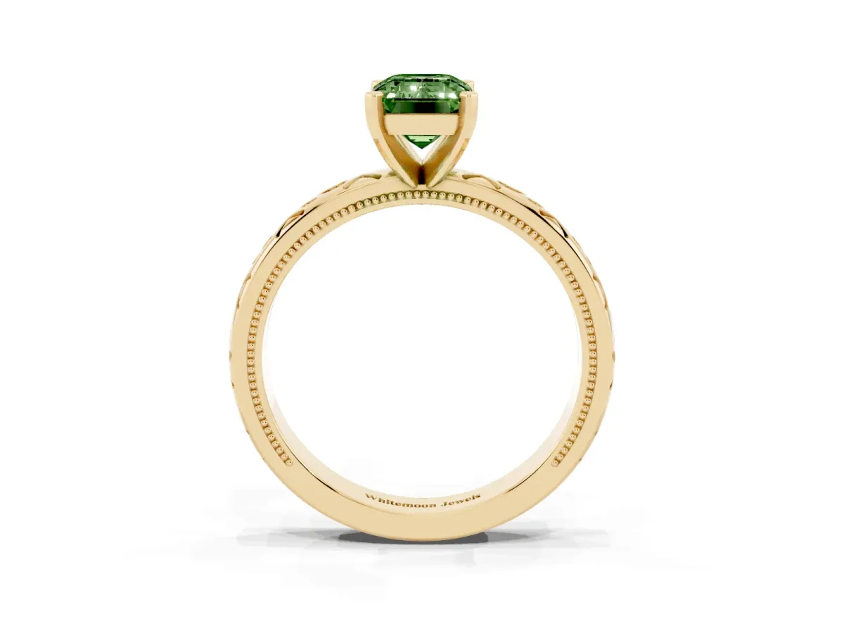 Fancy Green Emerald Cut Solitaire Engagement Ring with Scrollwork Band and Four-Prong Setting Yellow gold